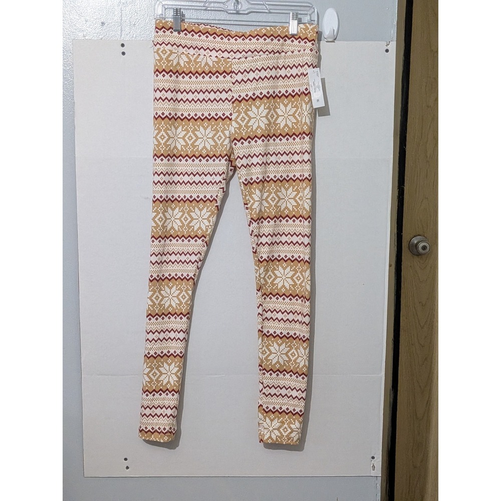 Time and Tru Womens Fair Isle Snowflake Holiday Leggings Tan Burgundy M 8-10